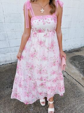 Pink Floral Tie-Shoulder Maxi Dress Sz Small